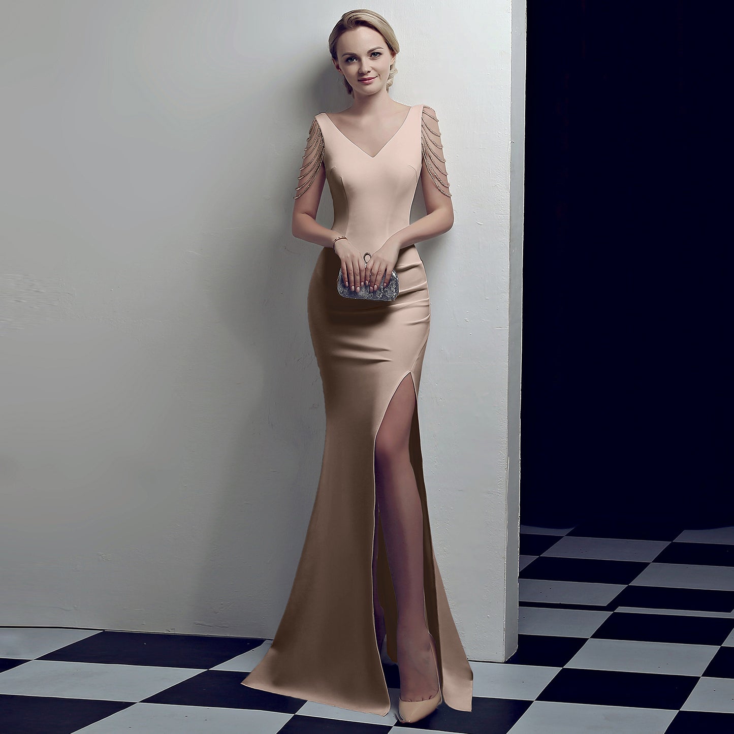 Nine Seven Women's Deep V Neck Back Zip Up Mermaid Sexy Side Split Evening Party Formal Ocassion Dress