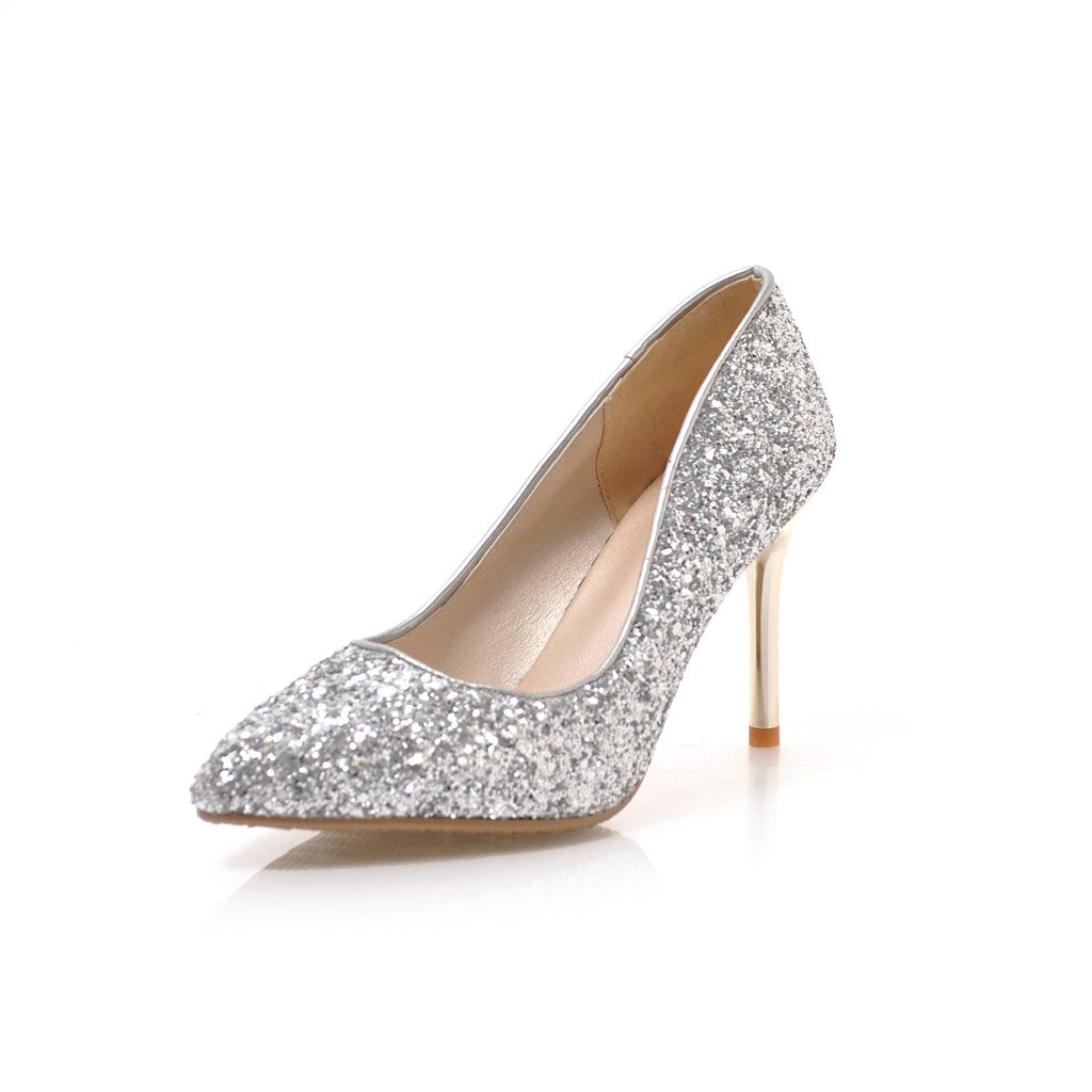 Nine Seven Women's Pointed Toe Handmade High Stiletto Heel Glitter Weeding Party Loafer Pumps Shoes