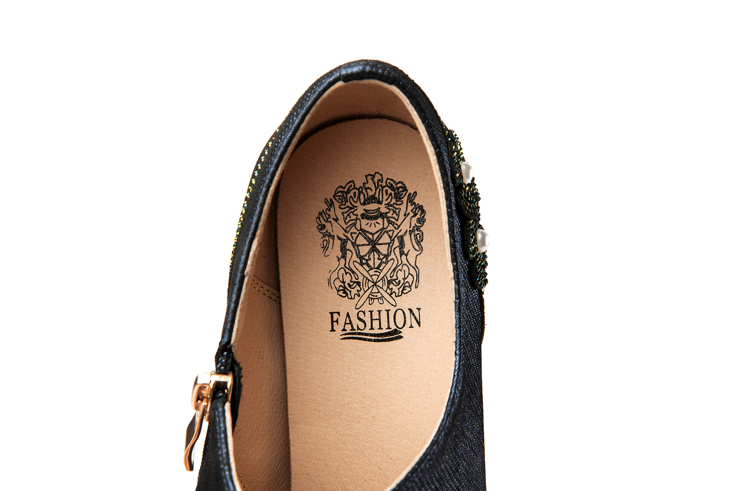 Nine Seven Handmade Women's Genuine Leather Rhinestones Pearls Flowers Side Zipper Pointed Toe Mid Spool Heel Pumps