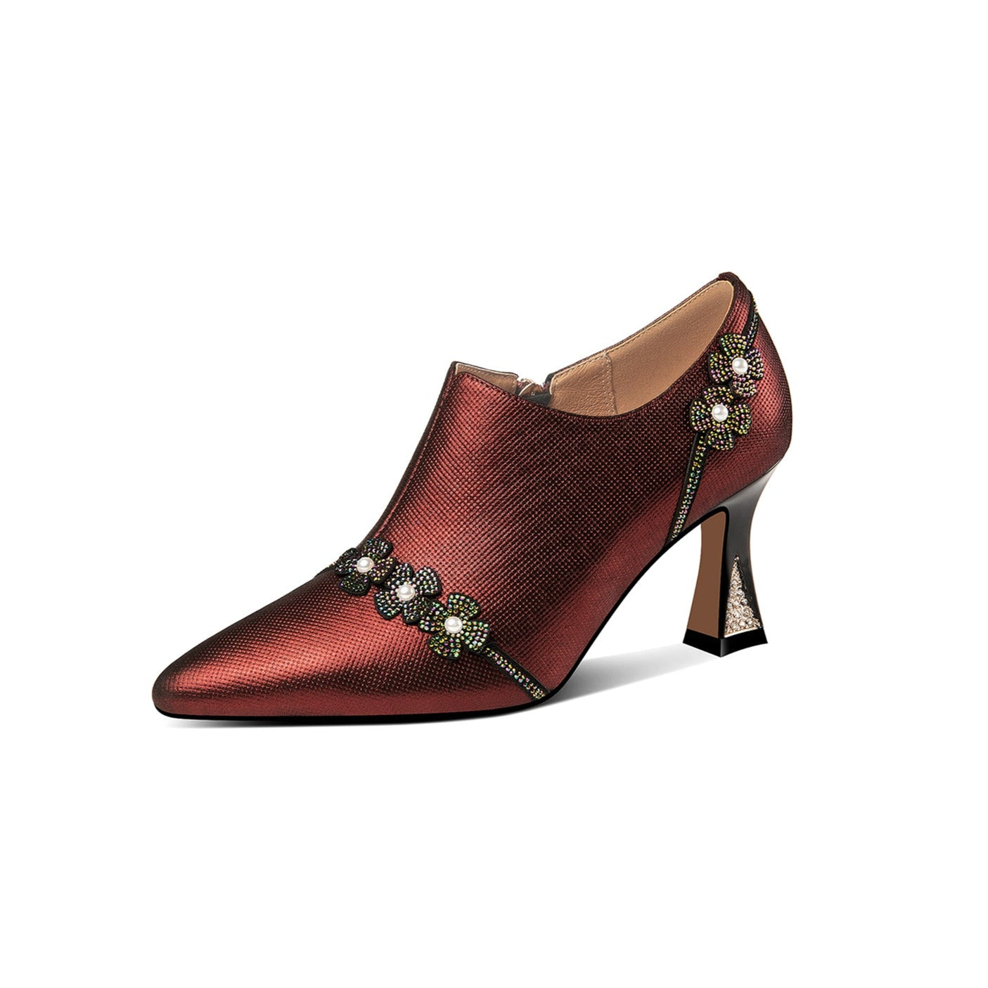 Nine Seven Handmade Women's Genuine Leather Rhinestones Pearls Flowers Side Zipper Pointed Toe Mid Spool Heel Pumps
