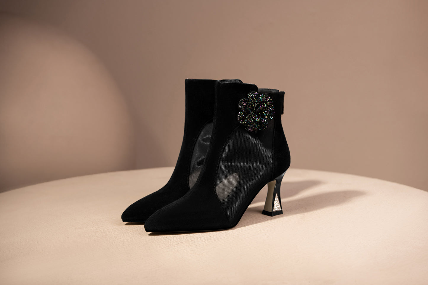 Nine Seven Women's Suede Leather Handmade Mesh Spool Heel Back Zip Up Flower Decor Black Summer Ankle Boots