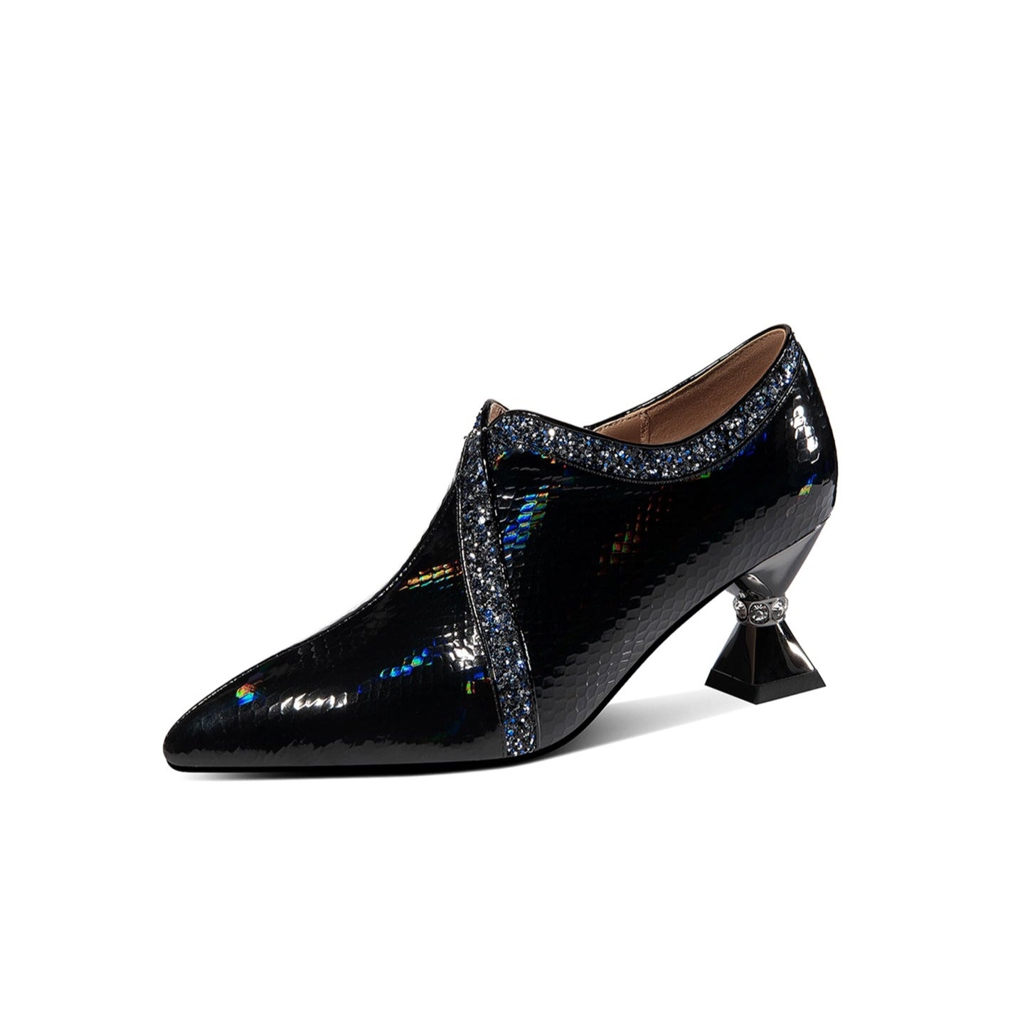 Nine Seven Handmade Women's Glossy Patent Leather Slip On Side Zipper Pointed Toe Low Spool Heel Pumps Shoes