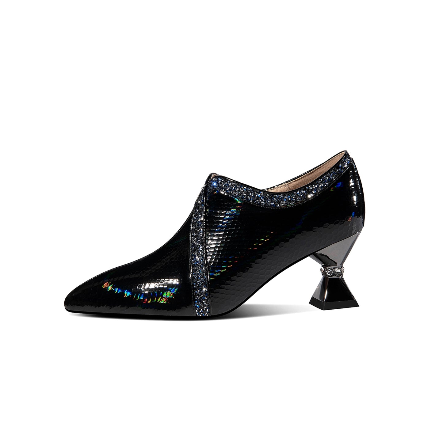 Nine Seven Handmade Women's Glossy Patent Leather Slip On Side Zipper Pointed Toe Low Spool Heel Pumps Shoes