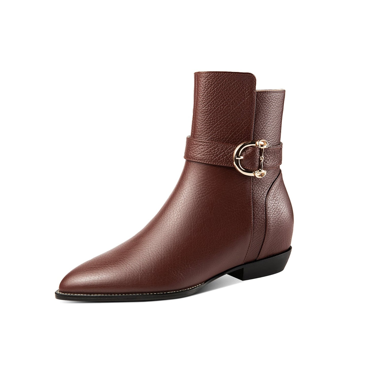 Nine Seven Women's Pointed Toe Genuine Leather Handmade Buckle Side Zip Up Ankle Boots with Inner Height