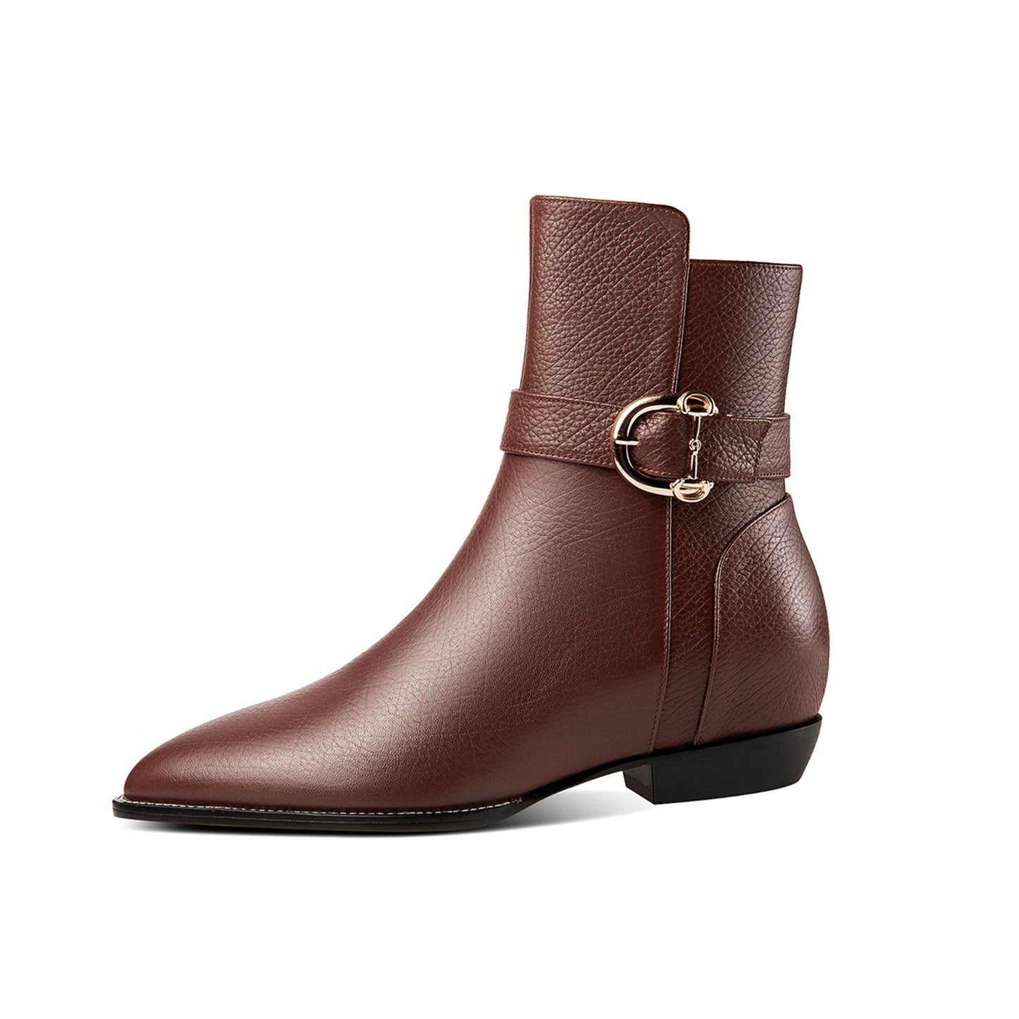 Nine Seven Women's Pointed Toe Genuine Leather Handmade Buckle Side Zip Up Ankle Boots with Inner Height