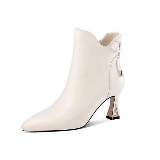 Nine Seven Handmade Women's Genuine Leather Rhinestones Bowknot Pointed Toe Side Zipper Mid Spool Heel Ankle Boots