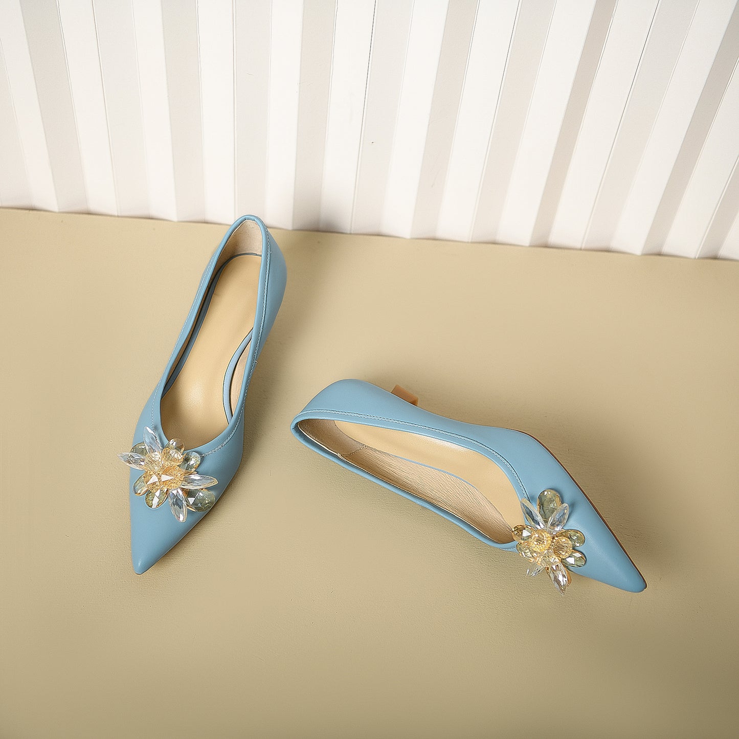 Nine Seven Genuine Leather Handmade Women's Crystal Flower Pointed Toe Slip On Kitten Heel Pumps Shoes