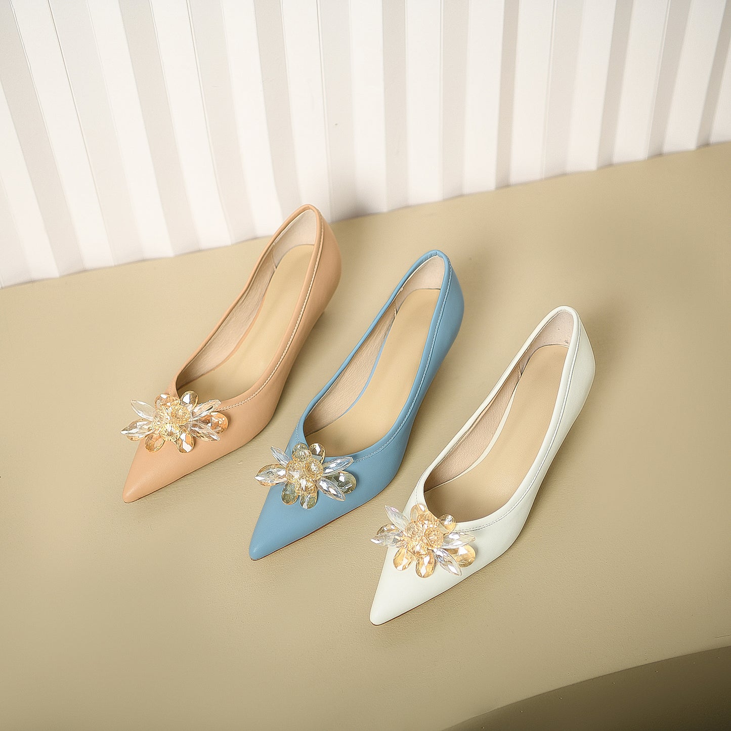 Nine Seven Genuine Leather Handmade Women's Crystal Flower Pointed Toe Slip On Kitten Heel Pumps Shoes