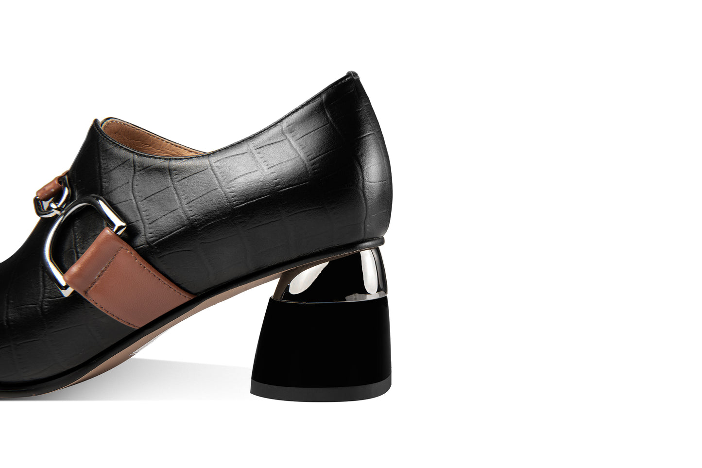 Nine Seven Women's Round Toe Genuine Leather Handmade Buckle Belt Side Zip Up Chunky Heels Stylish Pumps