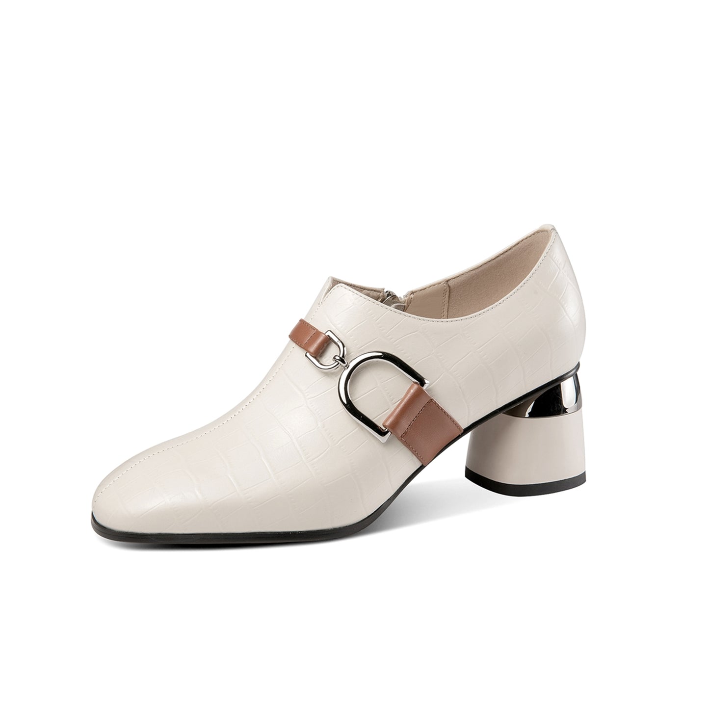 Nine Seven Women's Round Toe Genuine Leather Handmade Buckle Belt Side Zip Up Chunky Heels Stylish Pumps