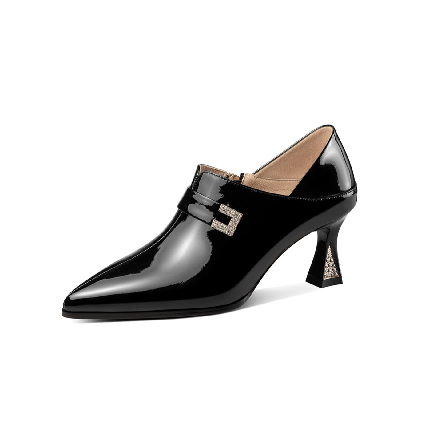 Nine Seven Women's Pointed Toe Glossy Patent Leather Handmade Side Zip Up Rhinestone Mid Heels Stylish Pumps