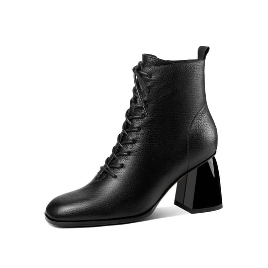 Nine Seven Women's Genuine Leather Square Toe Handmade Selftie Side Zipper Mid Chunky Heels Chic Ankle Boots