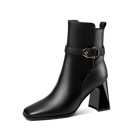 Nine Seven Handmade Women's Genuine Leather Ankle Strap Side Zipper Square Toe High Block Heel Short Boots