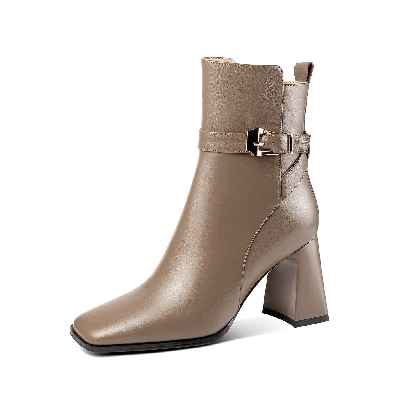 Nine Seven Handmade Women's Genuine Leather Ankle Strap Side Zipper Square Toe High Block Heel Short Boots