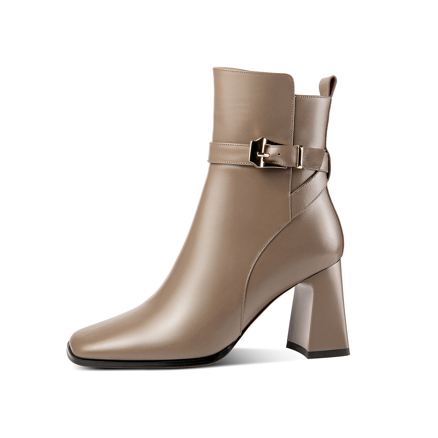 Nine Seven Handmade Women's Genuine Leather Ankle Strap Side Zipper Square Toe High Block Heel Short Boots