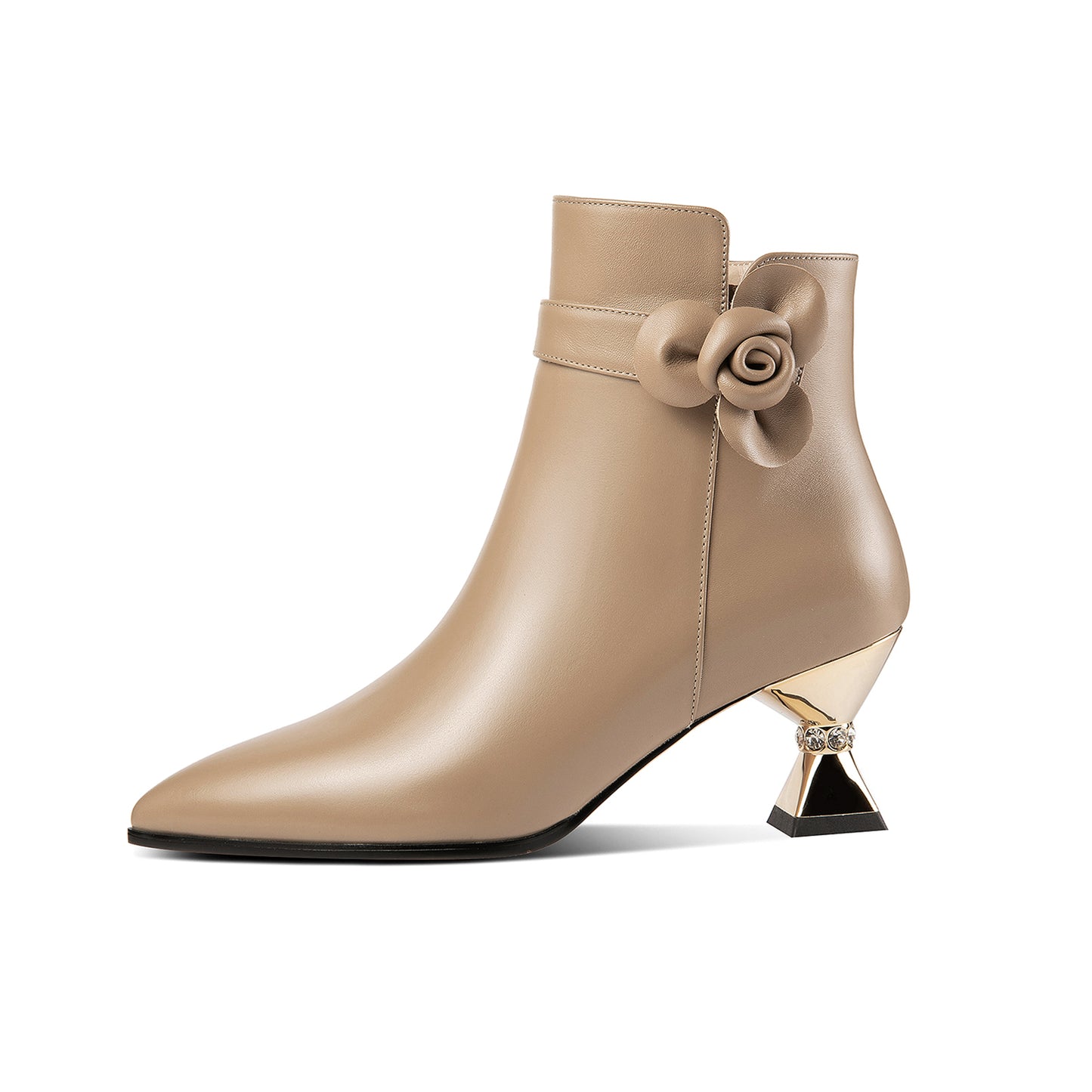 Nine Seven Handmade Women's Genuine Leather Floral Decor Pointed Toe Side Zipper Mid Spool Heel Ankle Boots