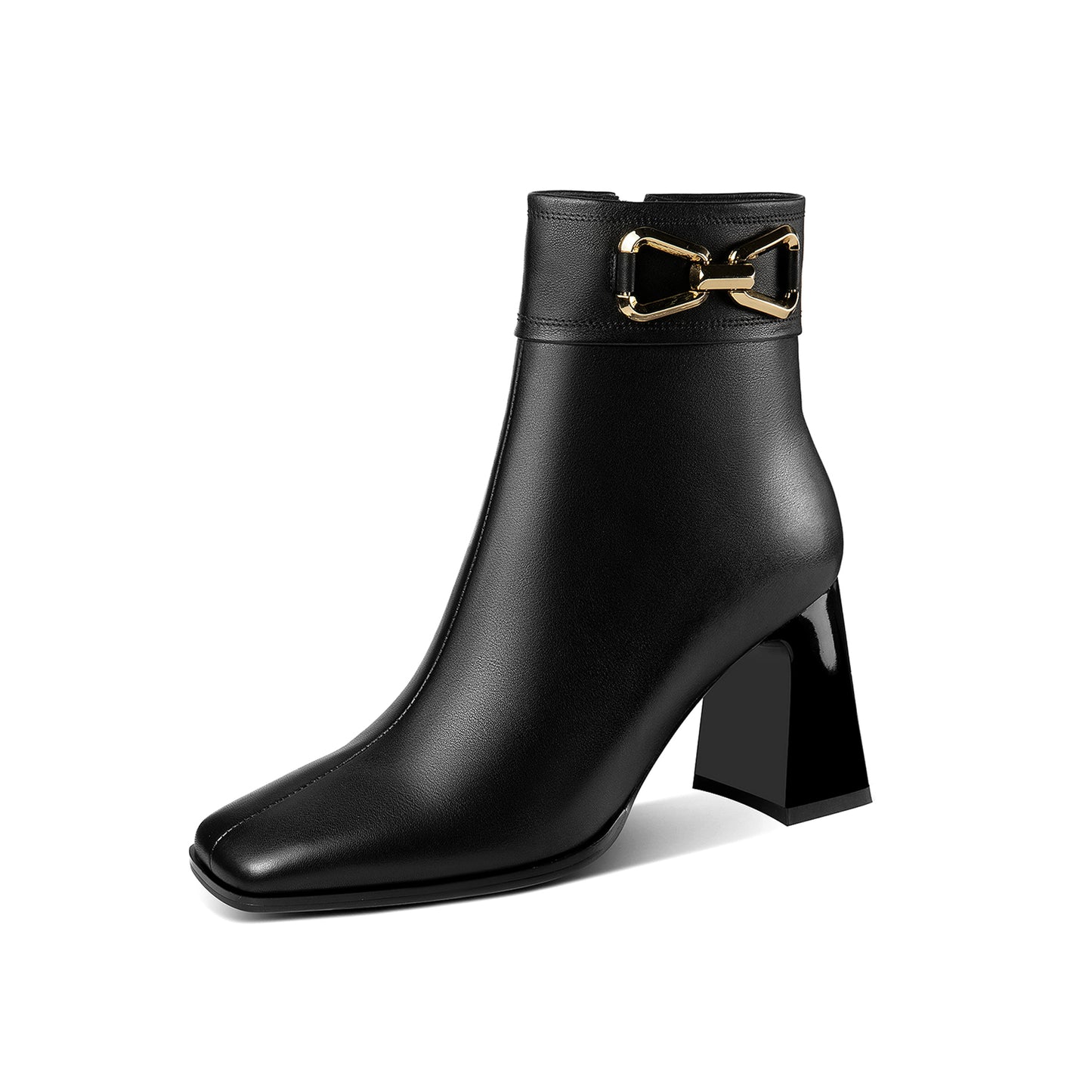 Nine Seven Women's Square Toe Genuine Leather Handmade Matal Buckle High Chunky Heel Side Zip Up Chic Ankle Boots