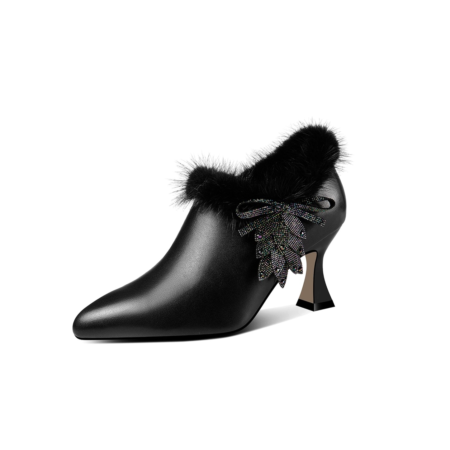 Nine Seven Women's Handmade Genuine Leather High Spool Heel Side Zip Up Floral Pattern and Fur Design Oxford Pumps