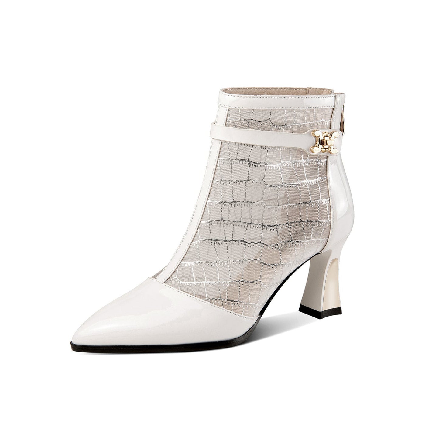 Nine Seven Women's Glossy Patent Leather Handmade Summer Mesh Mid Heel Back Zip Up Ankle Boots with Pointy Toe