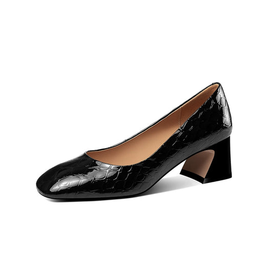 Nine Seven Women's Glossy Patent Leather Square Toe Handmade Low Chunky Heels Casual Pumps Shoes