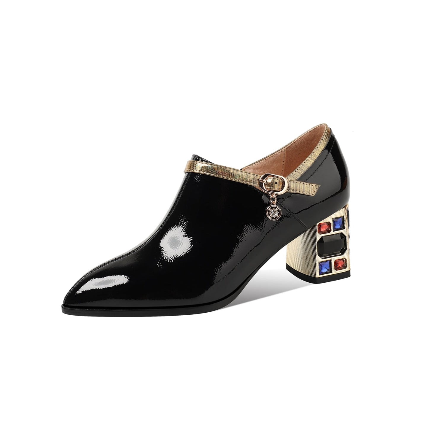 Nine Seven Women's Patent Leather Side Zipper Handmade Mid Chunky Heels with Jewelry Elegant Pumps Shoes