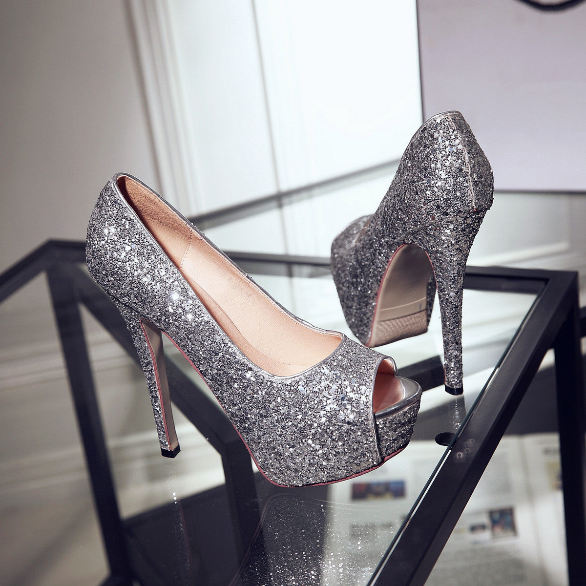 Nine Seven Glitter Sequins Platform Peep Toe Women's Handmade High Stiletto Heel Slip On Weeding Party Shoes