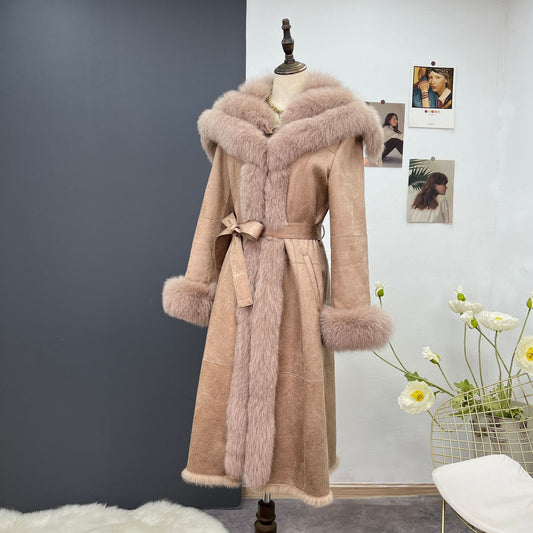 Nine Seven Rabbit and Fox Fur Parkas Suede Nap Women's Overcoat Long Coat Customization