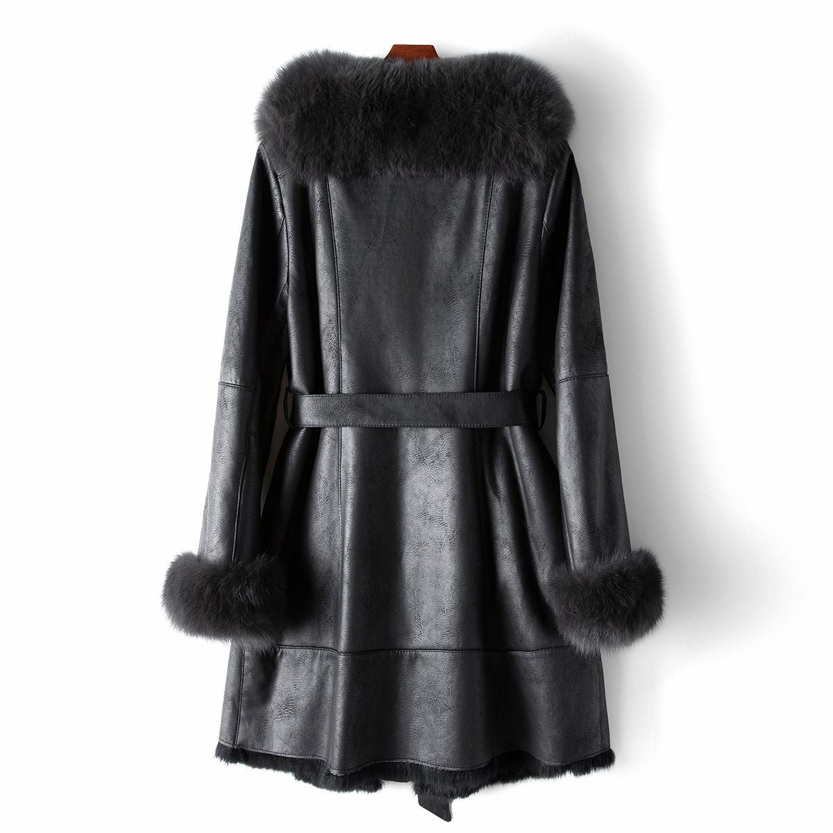 Nine Seven Fox Fur Collar Genuine Leather Rabbit Fur Women's Belt Overcoat Winter Long Coat Customization