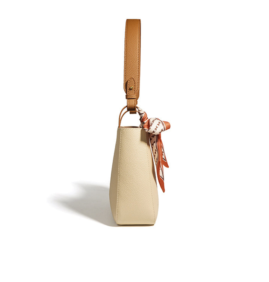 Nine Seven Shoulder Bag Genuine Leather Women's Handmade Silk Scarf Decor Inner Subbag Tote Handbag