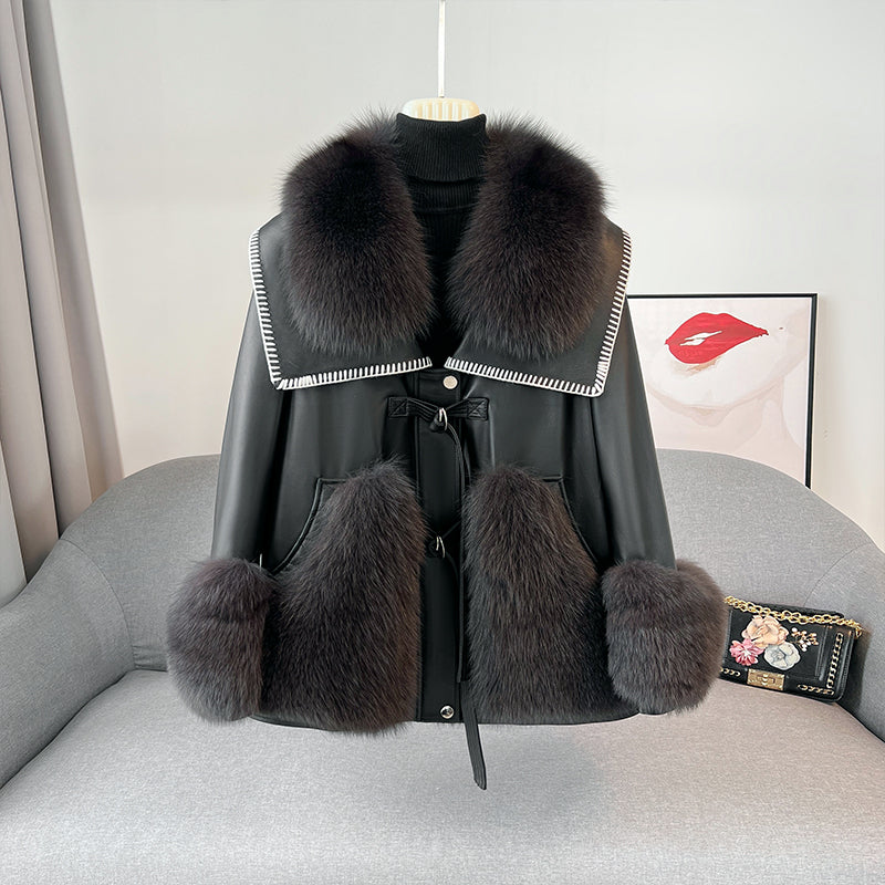 Nine Seven Fox Fur Women's Genuine Leather Modern Jacket Customization