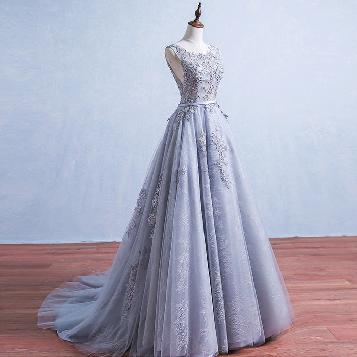 Nine Seven Women's Appliques Scoop Neck Sweep Train Evening Party A-Line Dress