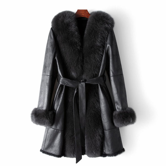 Nine Seven Fox Fur Collar Genuine Leather Rabbit Fur Women's Belt Overcoat Winter Long Coat Customization