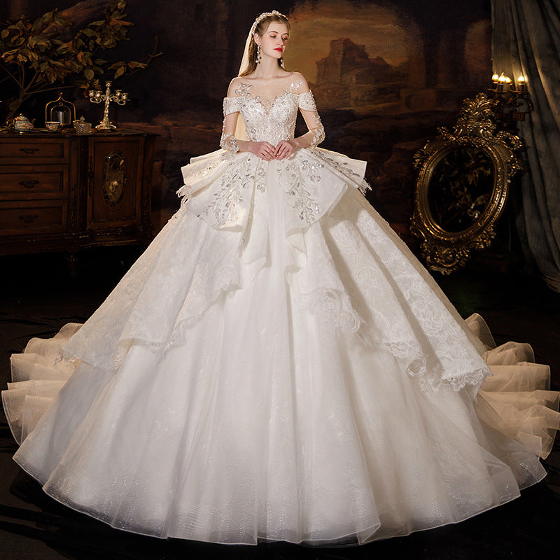 Nine Seven Floral Appliques V-Neck Off Shoulder Long Sleeves Ruffle Lace Up Cathedral Train Wedding Dress