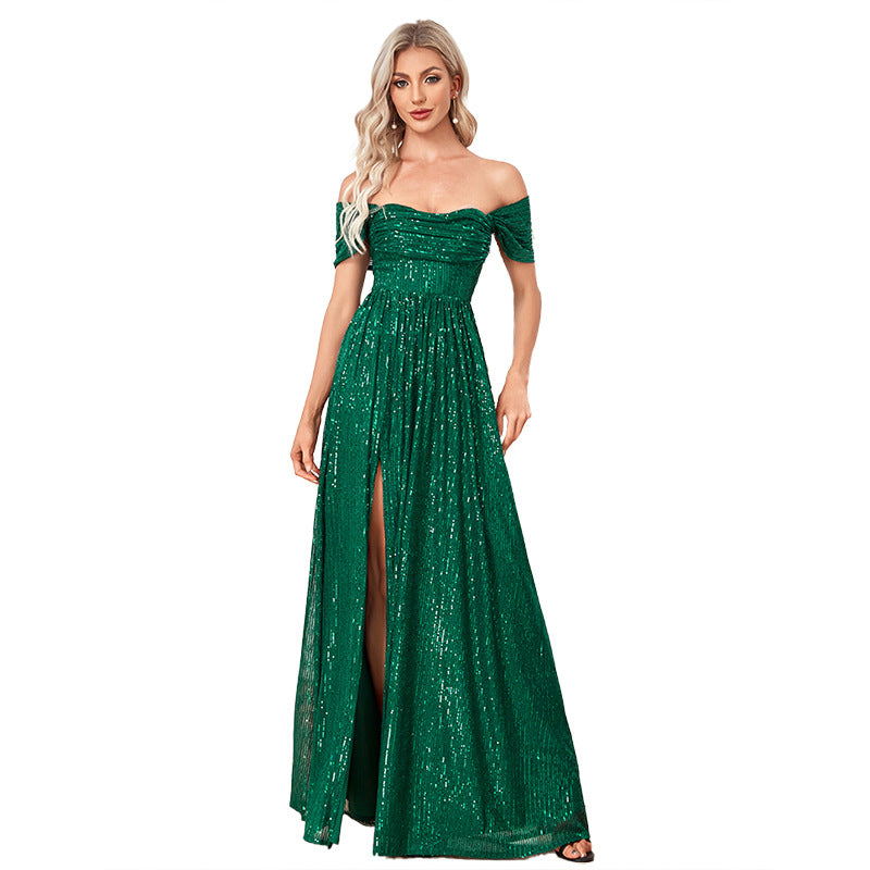 Nine Seven Women's Off Shoulder Sexy Split Evening Party A-Line Glitter Sequins Dresses
