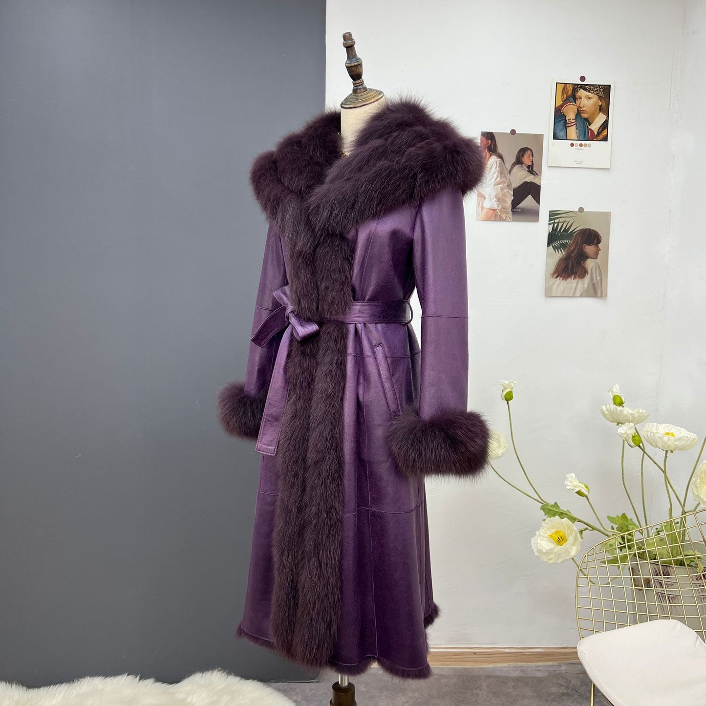 Nine Seven Rabbit and Fox Fur Parkas Suede Nap Women's Overcoat Long Coat Customization