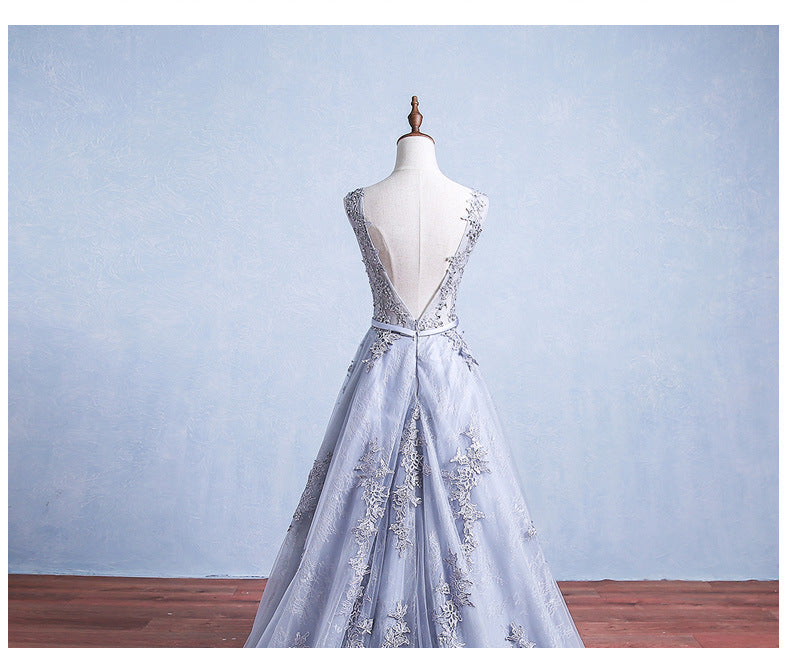 Nine Seven Women's Appliques Scoop Neck Sweep Train Evening Party A-Line Dress