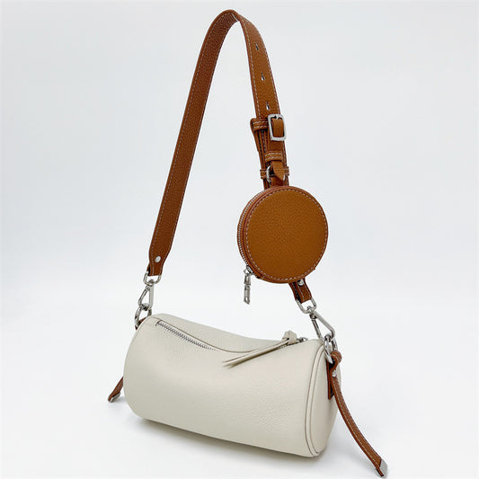 Nine Seven Genuine Leather Women's Handmade Over the Shoulder Bags Cylinder Shaped Zip Little Pocket Strap Decor