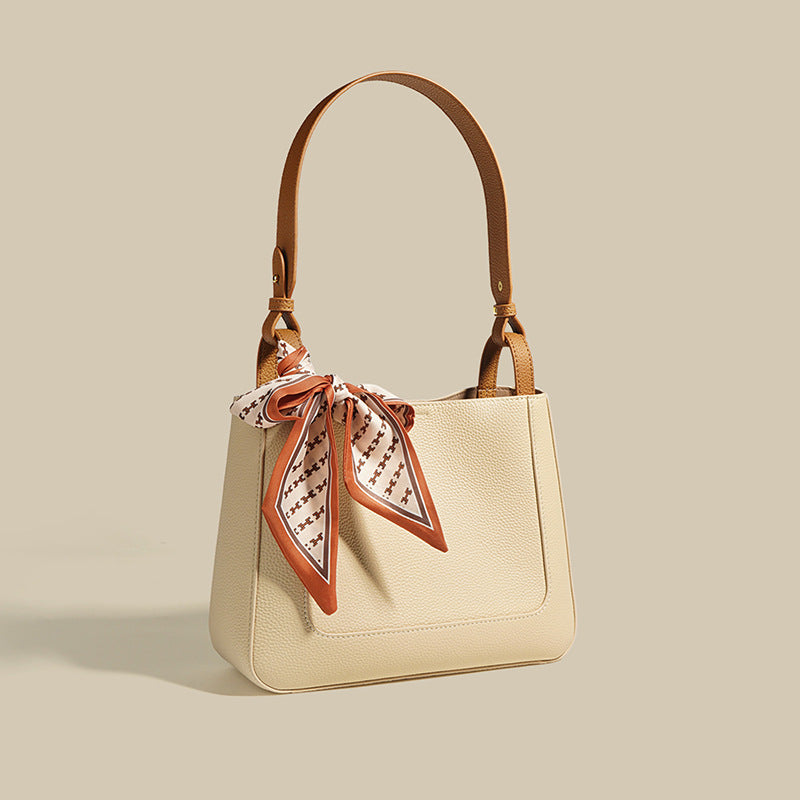 Nine Seven Shoulder Bag Genuine Leather Women's Handmade Silk Scarf Decor Inner Subbag Tote Handbag