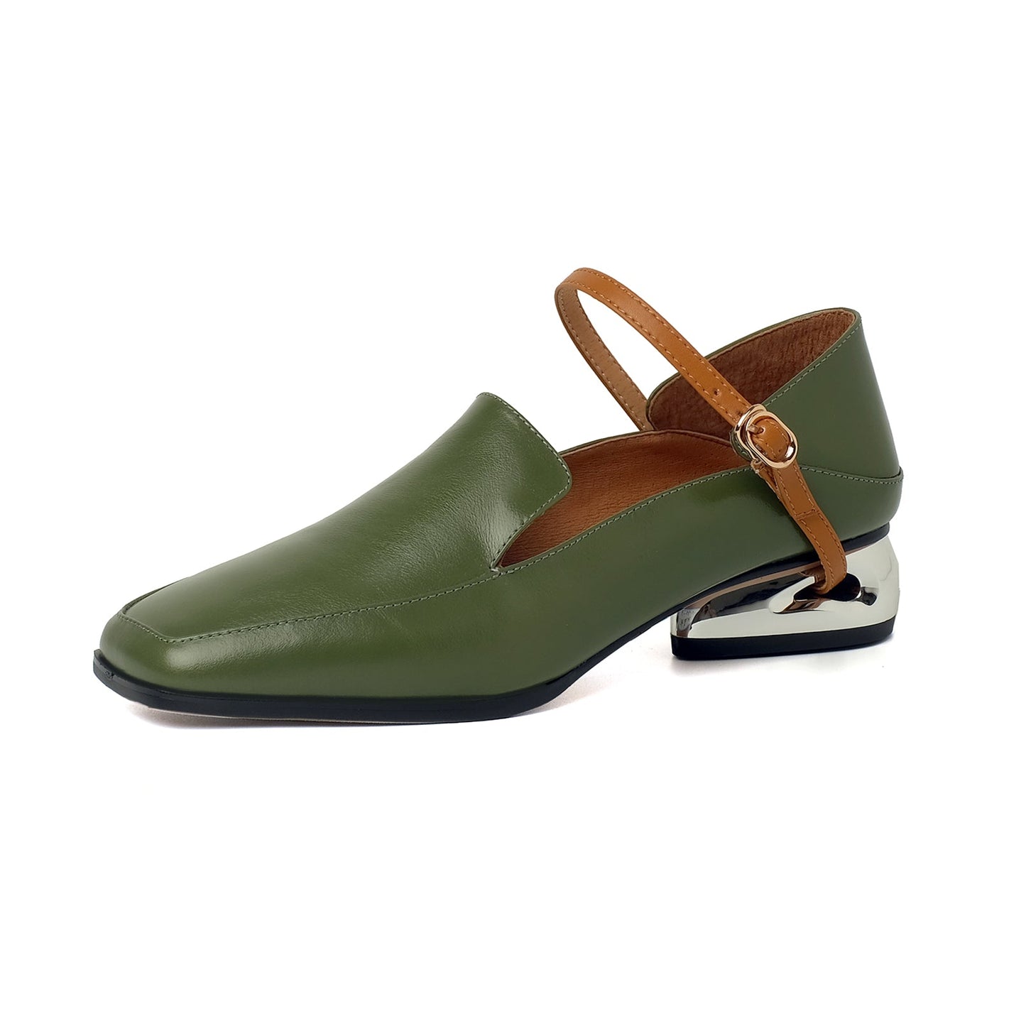 Nine Seven Women's Handmade Genuine Leather Square Toe Chunky Heel Classic Mary Jane Pumps