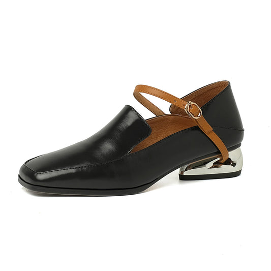 Nine Seven Women's Handmade Genuine Leather Square Toe Chunky Heel Classic Mary Jane Pumps