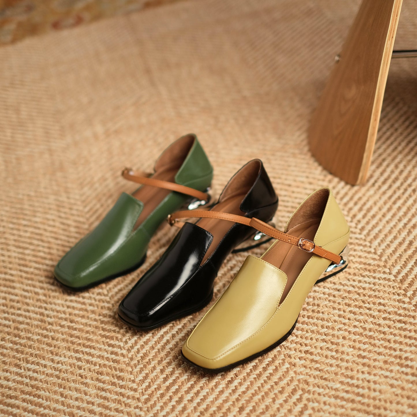 Nine Seven Women's Handmade Genuine Leather Square Toe Chunky Heel Classic Mary Jane Pumps