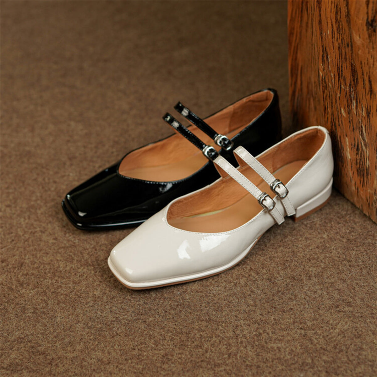 Nine Seven Handmade Women's Square Toe Patent Leather Handmade Buckles Casual Flat Mary Jane Shoes