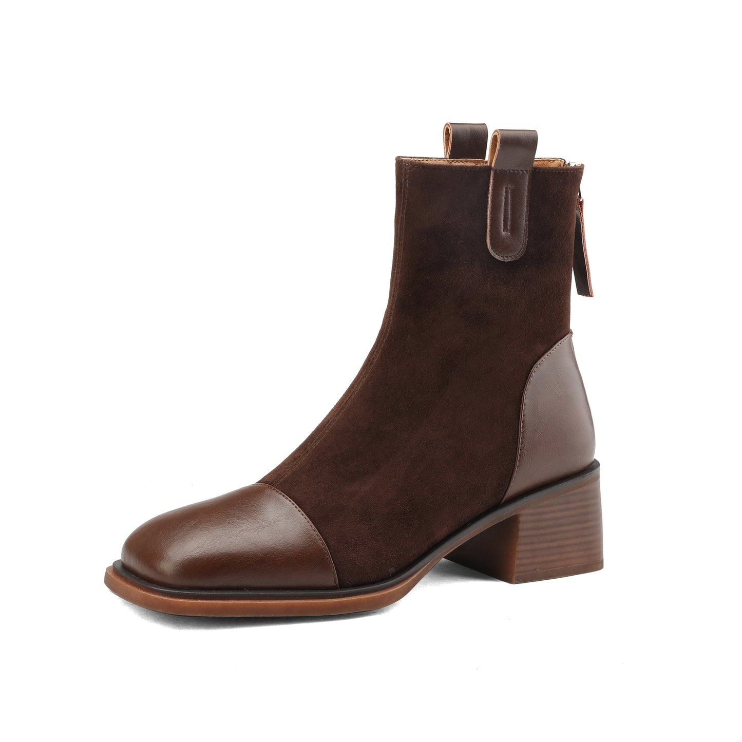 Nine Seven Handmade Women's Suede Leather Cap Toe Back Zip Mid Block Heel Charming Calf-High Boots