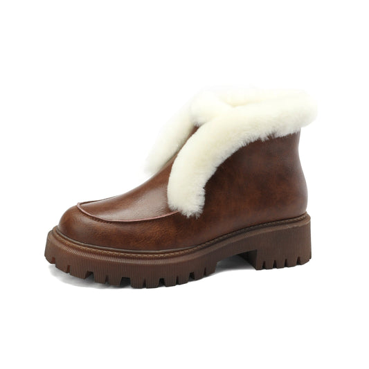 Nine Seven Handmade Women's Genuine Leather Furry Pull On Round Toe Low Block Heel Platform Ankle Boots
