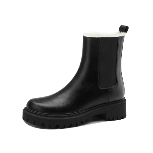 Nine Seven Handmade Women's Genuine Leather Pull On Round Toe Low Block Heel Platform Boots