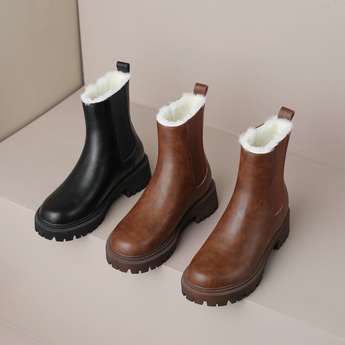Nine Seven Handmade Women's Genuine Leather Pull On Round Toe Low Block Heel Platform Boots