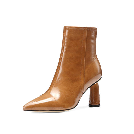 Nine Seven Women's Patent Leather Handmade Elegant High Cylindrical Heel Pointed Toe Side Zip Up Short Dressing Boots