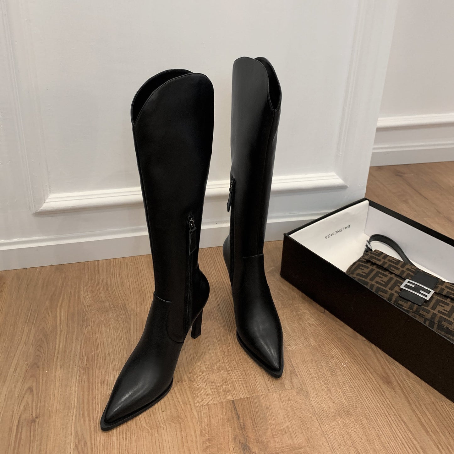 Nine Seven Women's Genuine Leather Pointed Toe Handmade Stiletto Heels Half Side Zipper Stylish Knee High Boots