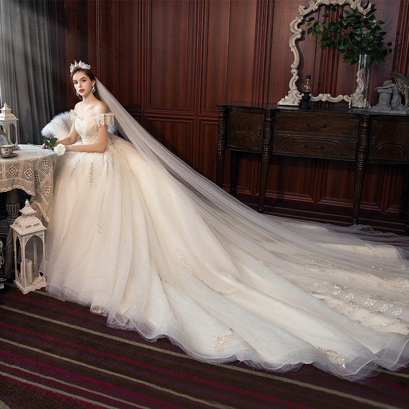 Nine Seven Appliques Sleeveless Off Shoulder Lace Up A-Line Ball Grown Wedding Dress