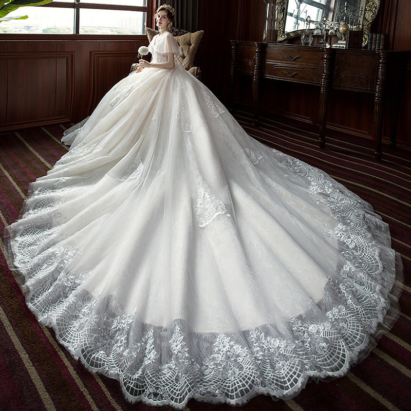 Nine Seven V-Neck Appliques Short Sleeve Pearls A-Line Wedding Dress